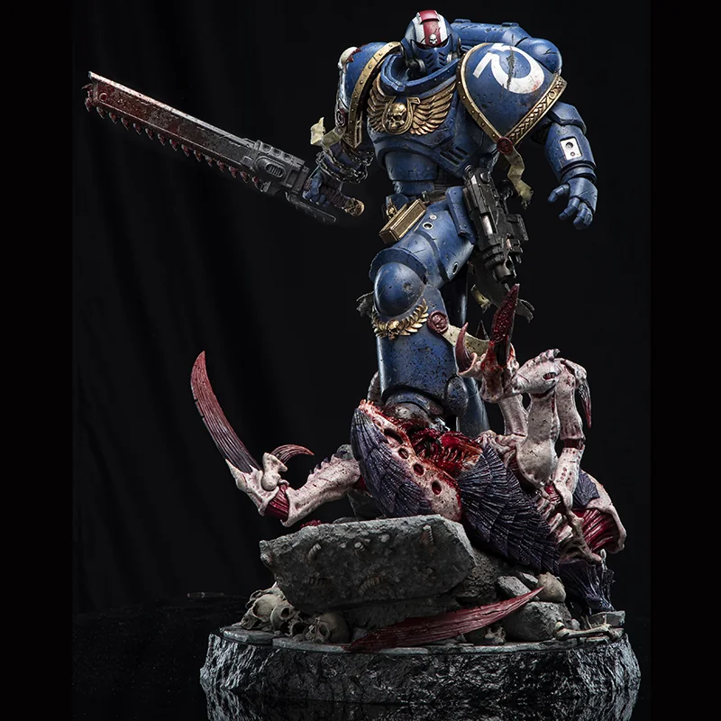 Armored warrior display figure with a sword and a sculpted battlefield-style base.