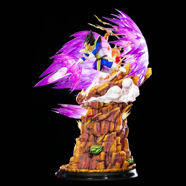 Dragon Ball Z character display with purple, yellow and blue sculpted effects.