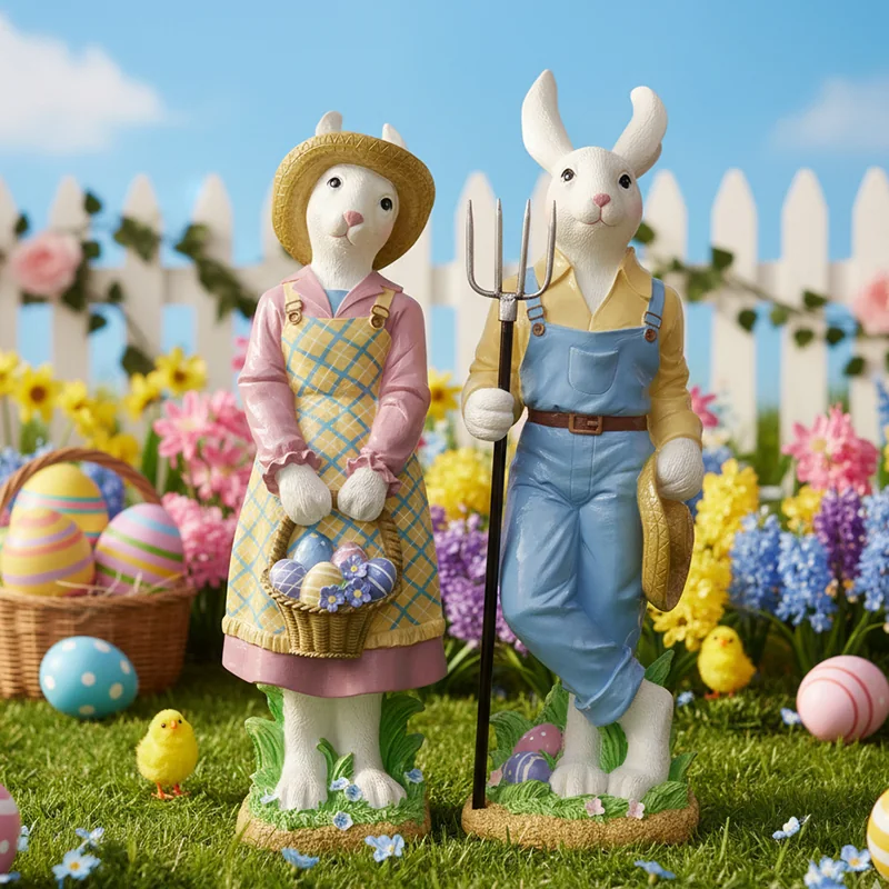 Pair of rabbit characters in spring clothing, one holding flowers and the other garden tools.