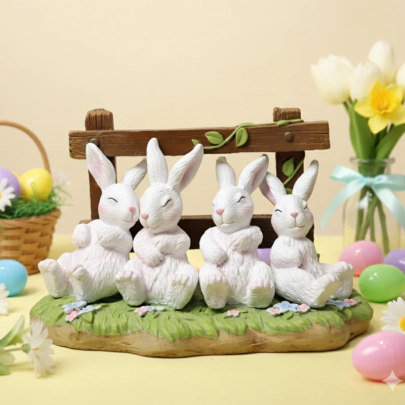 Group of white rabbit figures arranged together on a green decorative base.