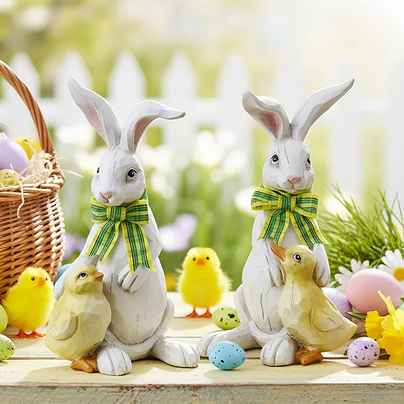 White rabbit figures with tall ears and green bows in a spring setting.