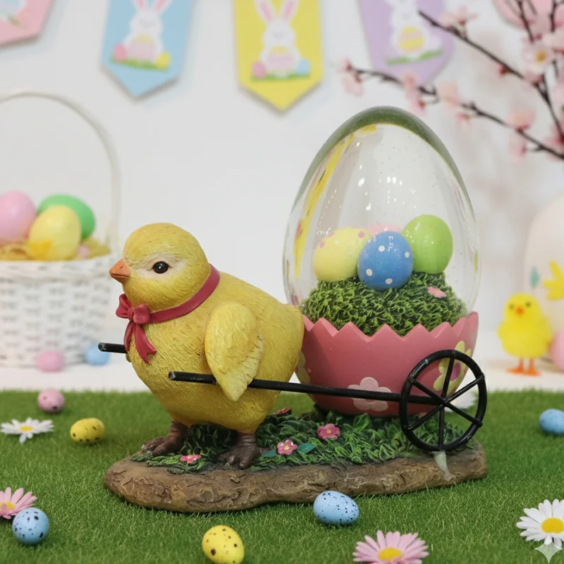 Yellow chick character pulling a cart with a decorated egg basket.