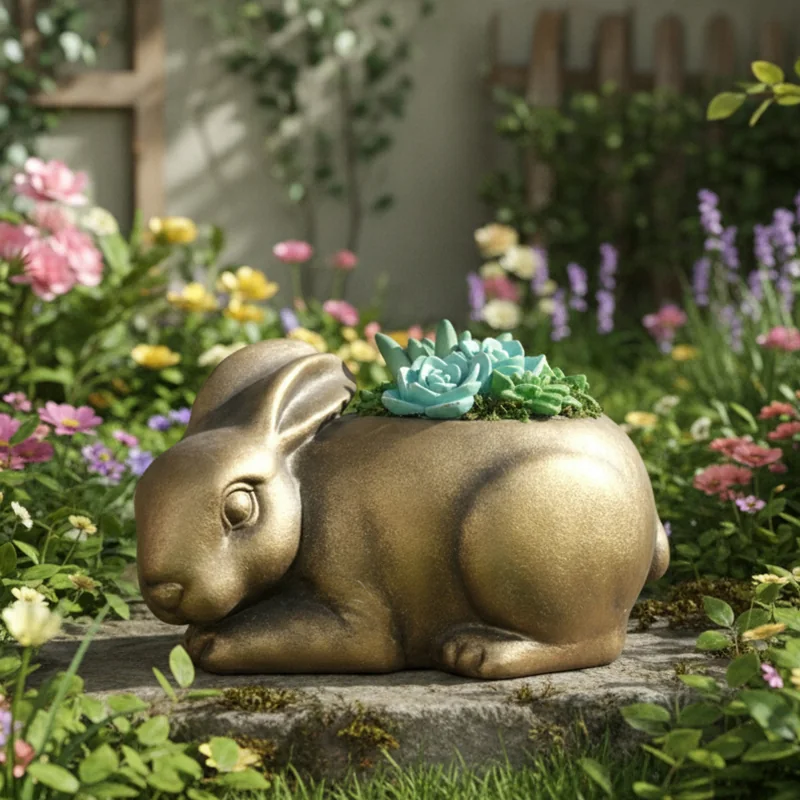 Bronze-tone rabbit-shaped decoration with a planter opening on its back.