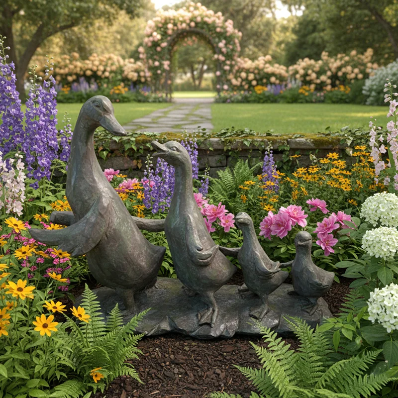 Group of duck figures with curved necks arranged in a garden setting.