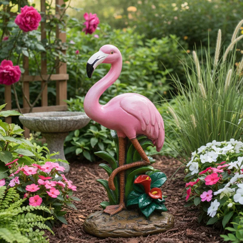 Pink flamingo-shaped garden decoration with a long curved neck and a decorative base.