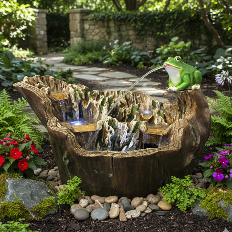 Tree-stump-style garden fountain with cascading bowls and small frog details.