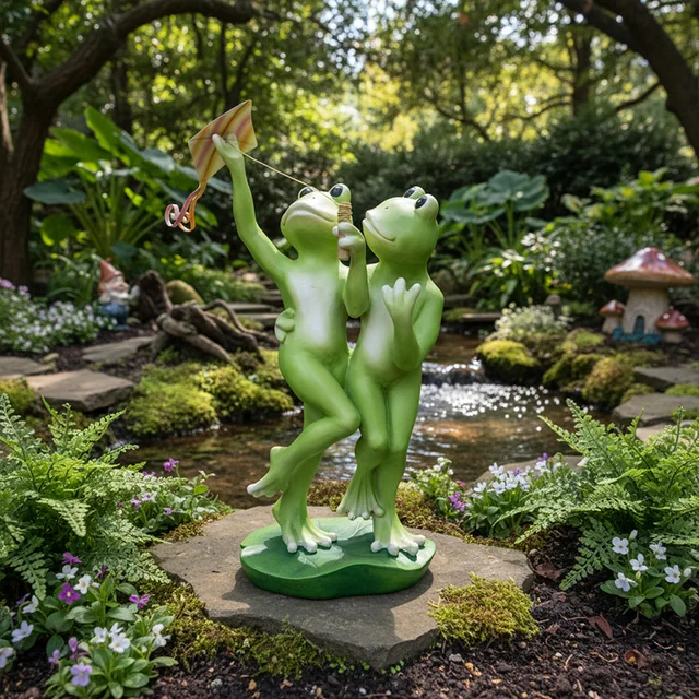 Two green frog figures on a lily-pad-shaped base in a garden setting.