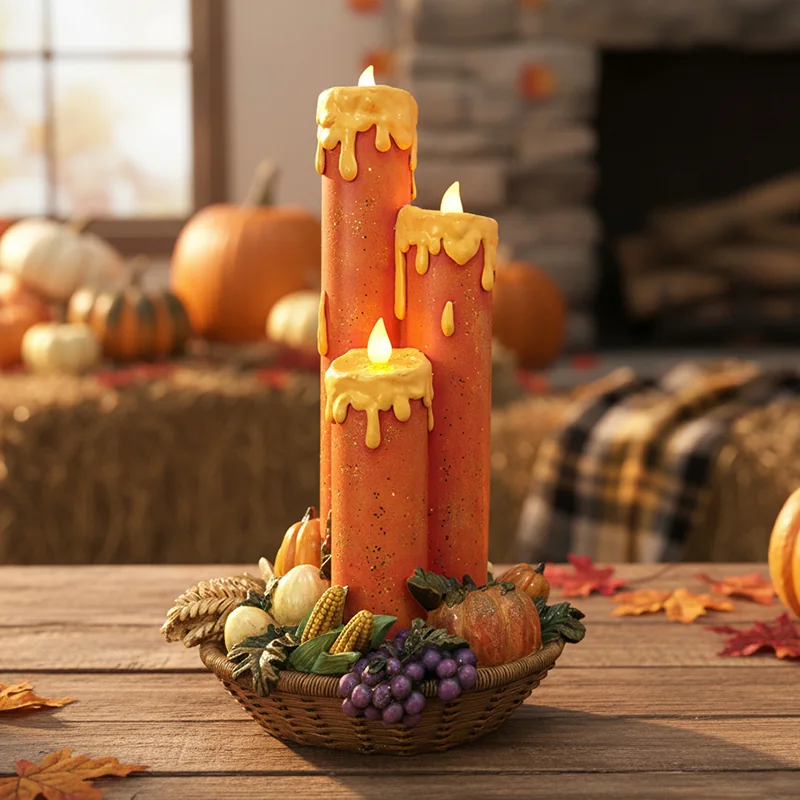 Grouped orange candle shapes with dripping-wax details and a fall arrangement around the base.