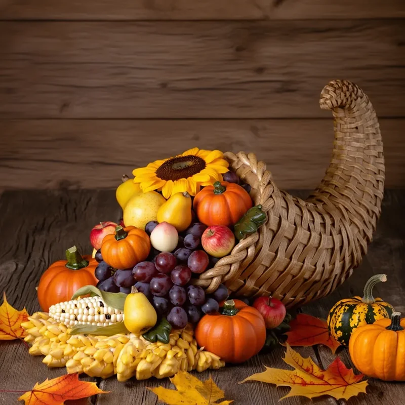 Horn-shaped harvest centerpiece filled with decorative fruit, vegetables and flowers.
