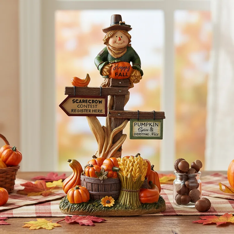 Scarecrow display with directional signs, pumpkin details and an autumn color palette.