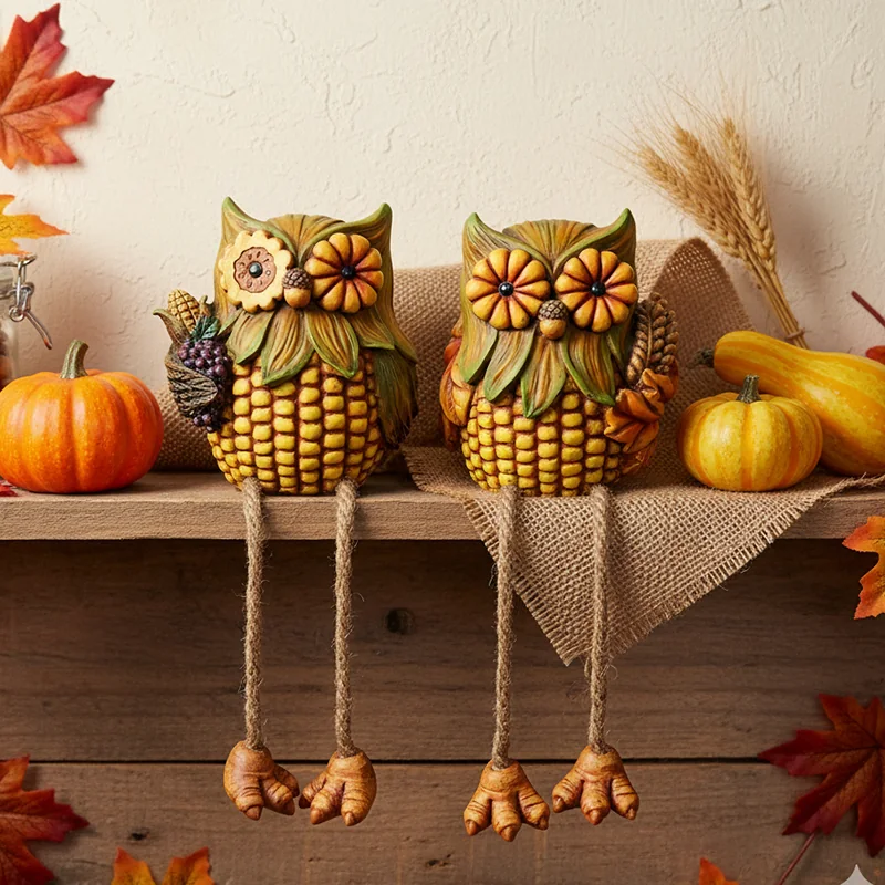 Pair of owl-shaped shelf decorations with patterned bodies and dangling legs.