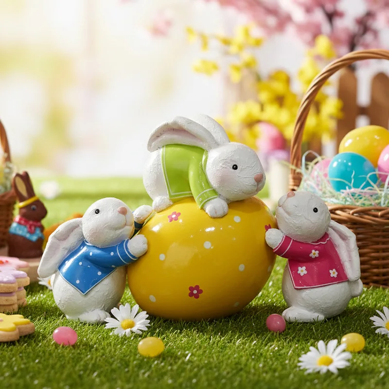 Small rabbit figures gathered around a large yellow decorated egg.