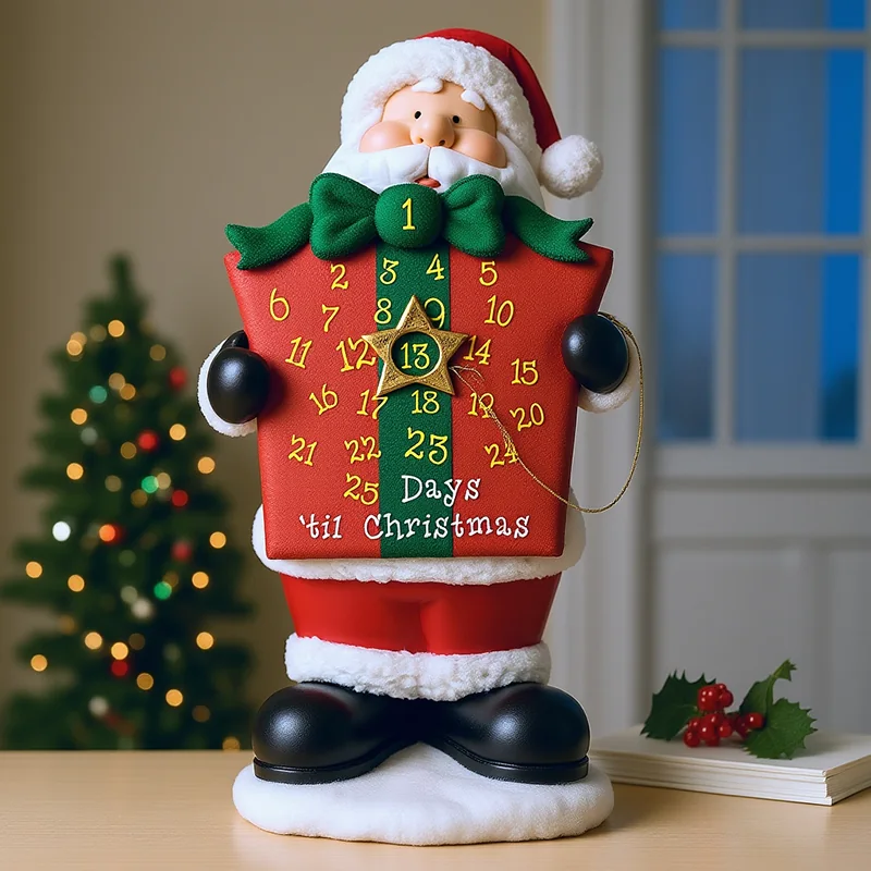 Santa figure holding a numbered Christmas countdown panel shaped like a gift.