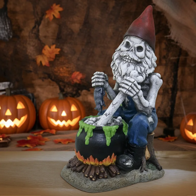 Seated skeleton character wearing a tall pointed hat with a jack-o-lantern detail.