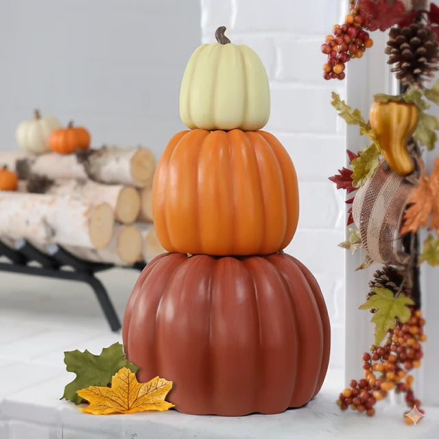 Three stacked pumpkin shapes in cream, orange and rust-colored finishes.