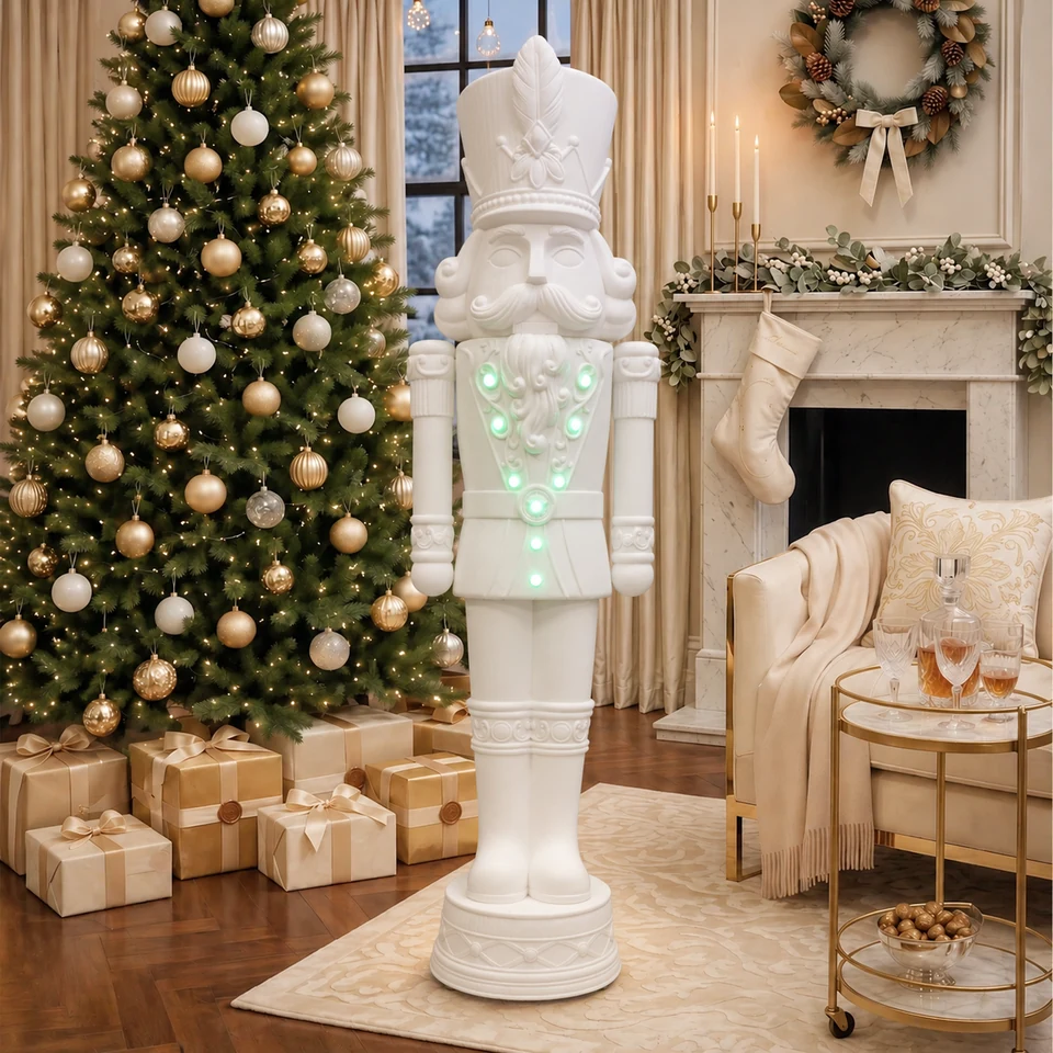 White nutcracker with a tall feathered hat, curled moustache and glowing green light details beside a Christmas tree.